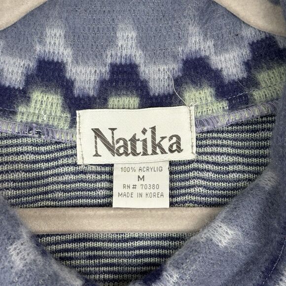 Vtg Aztec Pullover Jacket Womens Medium Blue Green Tribal Southwest Cozy Fuzzy - Picture 10 of 11